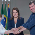 Governador Eduardo Riedel, prefeita Adriane Lopes e senadora Tereza Cristina