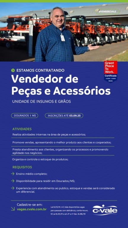 C.Vale abre vaga para Vendedor de Peças e Acessórios em Dourados/MS