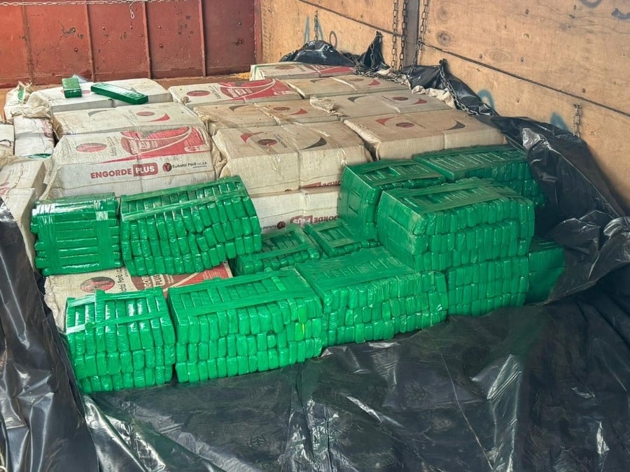 Os policiais encontraram vários tabletes de maconha escondidos na carroceria da carreta. Segundo estimativas preliminares, a carga pode ser de aproximadamente três toneladas da droga. (Foto: Jornal da Nova)
