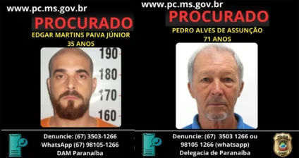 Edgar Martins Paiva Júnior (35) e Pedro Alves de Assunção (71) estão foragidos; polícia pede ajuda para localizá-los.