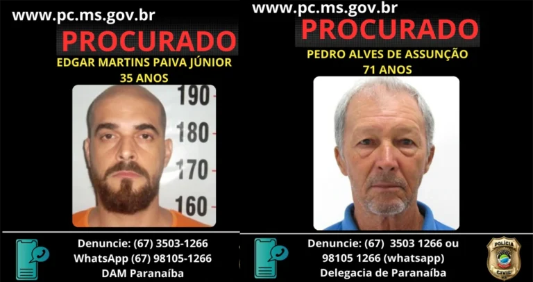 Edgar Martins Paiva Júnior (35) e Pedro Alves de Assunção (71) estão foragidos; polícia pede ajuda para localizá-los. Edgar Martins Paiva Júnior (35) e Pedro Alves de Assunção (71) estão foragidos; polícia pede ajuda para localizá-los.