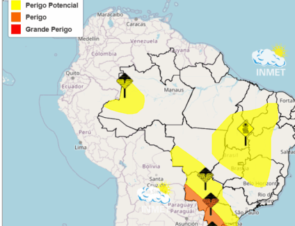 O aviso indica possibilidade de chuvas entre 30 e 60 milímetros de chuva por hora. (Reprodução)