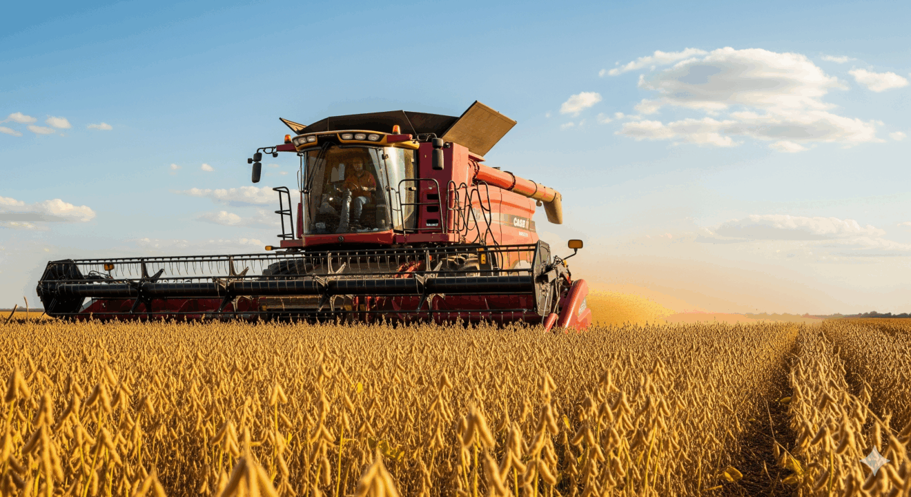 Uma vista aérea de extensos campos de soja verde e madura, simbolizando uma colheita abundante e a vastidão da produção agrícola brasileira.