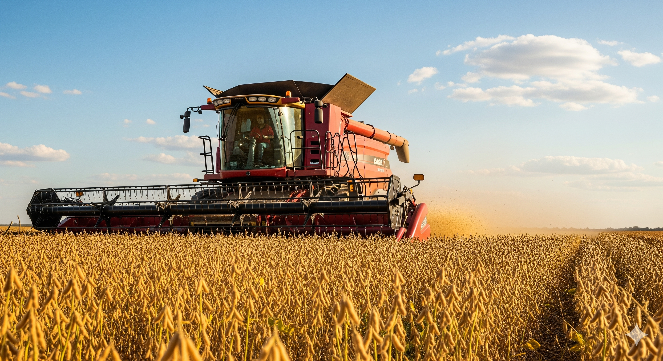 Uma vista aérea de extensos campos de soja verde e madura, simbolizando uma colheita abundante e a vastidão da produção agrícola brasileira.