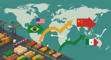 Contêineres e navio em terminal portuário, simbolizando exportações de alimentos do Brasil