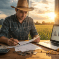 Produtor analisando documentos de crédito rural em escritório, com talão de CPR e laptop sobre a mesa