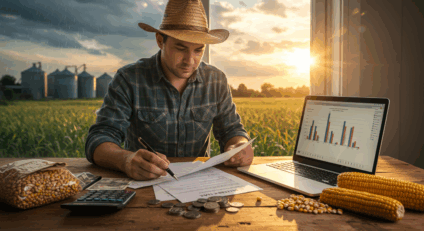 Produtor analisando documentos de crédito rural em escritório, com talão de CPR e laptop sobre a mesa