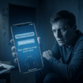 Celular exibindo mensagens de ameaça e viatura policial ao fundo.