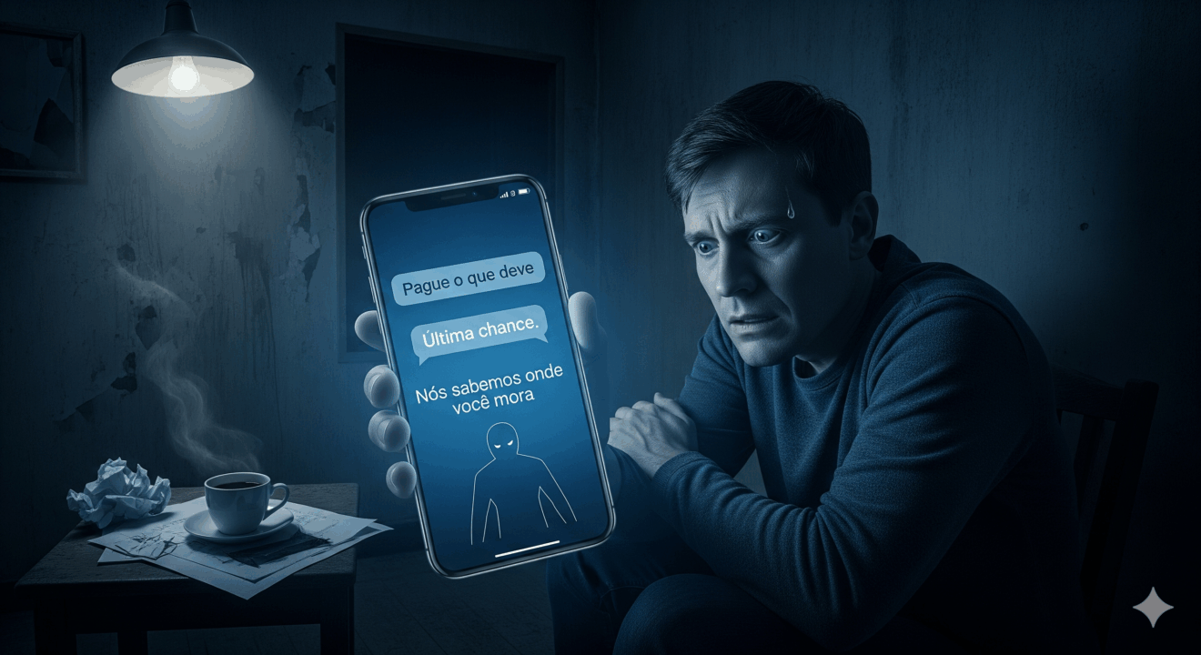 Celular exibindo mensagens de ameaça e viatura policial ao fundo.