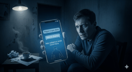 Celular exibindo mensagens de ameaça e viatura policial ao fundo.