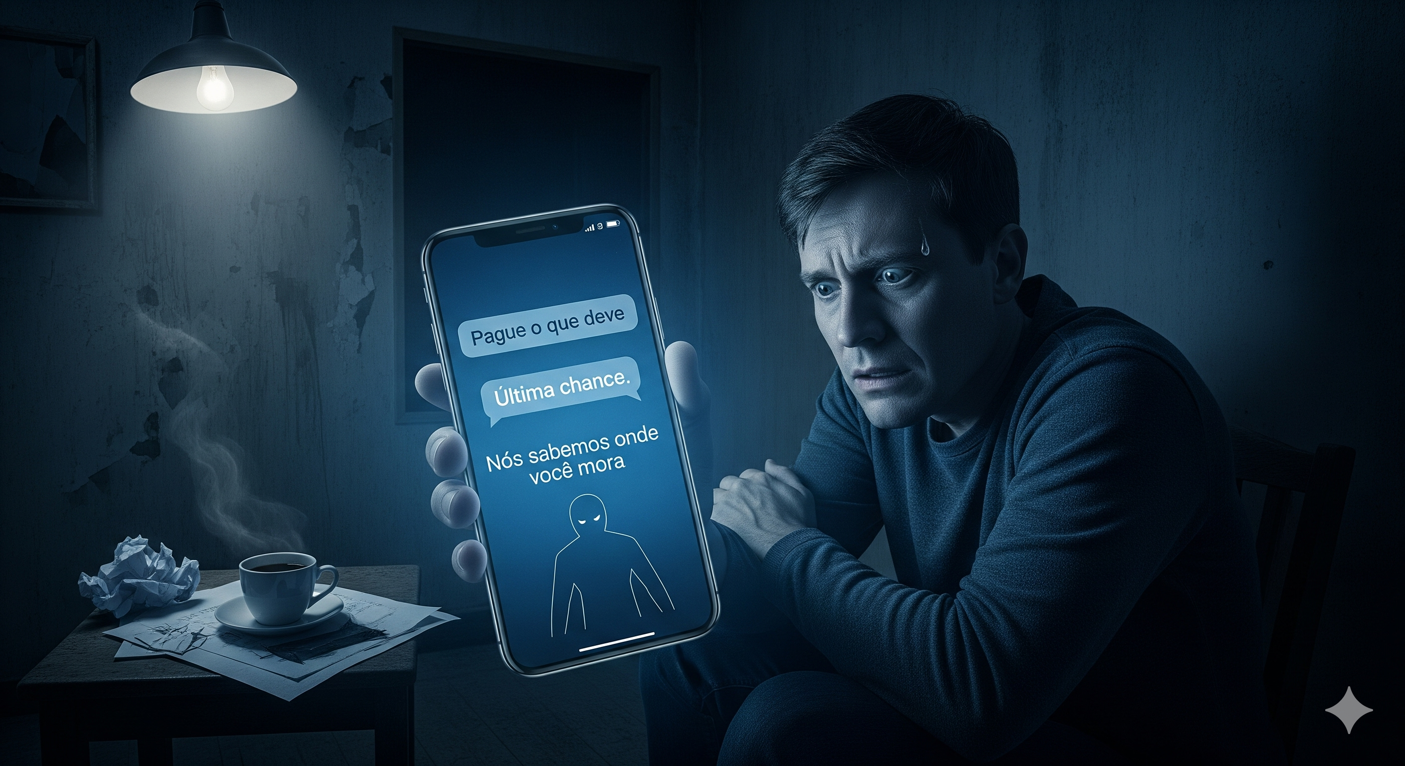 Celular exibindo mensagens de ameaça e viatura policial ao fundo.