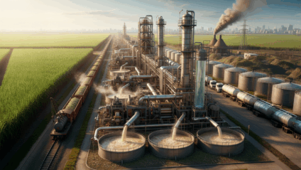 Tanques de etanol e silos de grãos operando em mesma planta industrial.