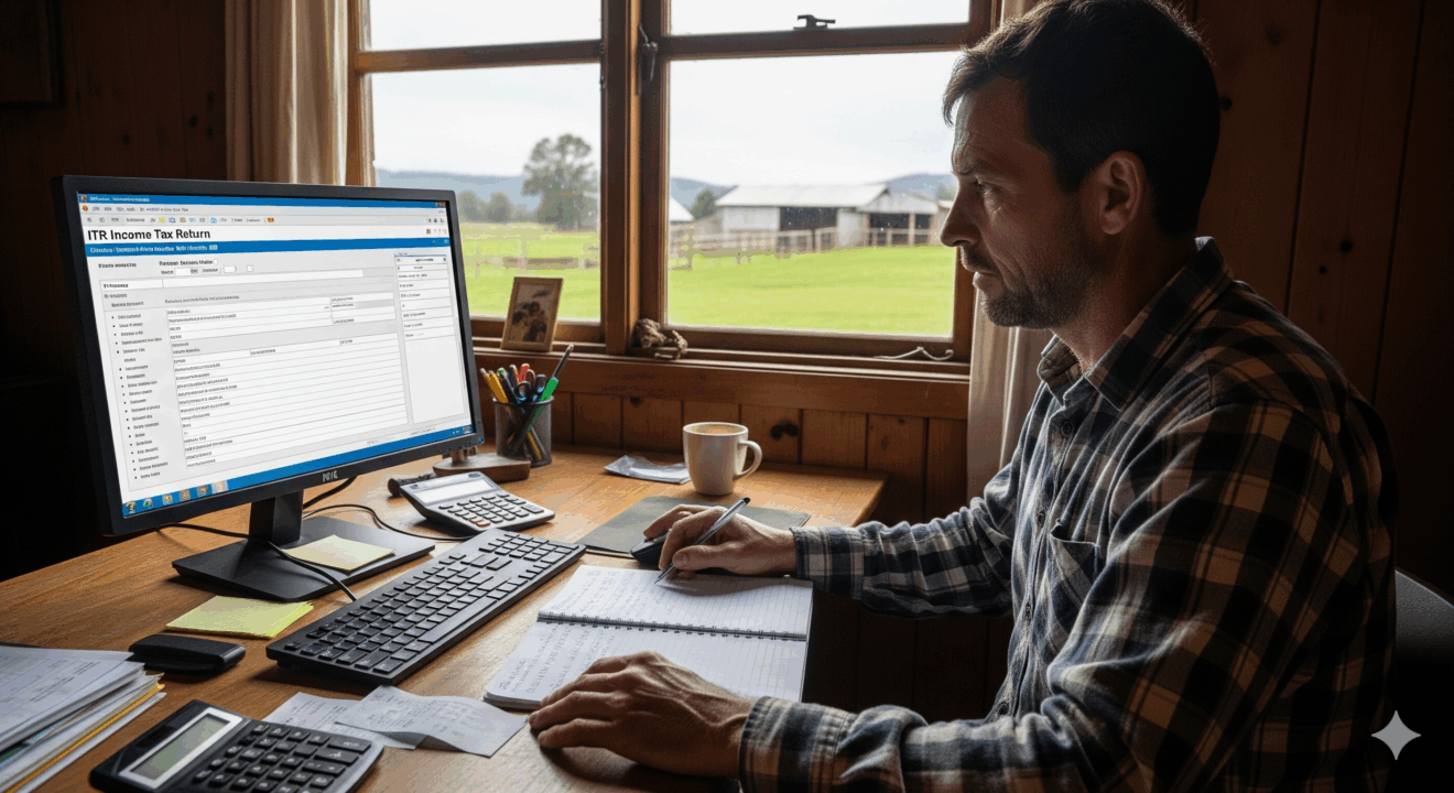 Produtor rural preenchendo declaração de ITR no computador