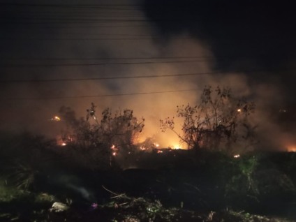 Incêndio partiu da faixa férrea e alcançou fundos de indústrias; brigadas privadas atuaram com o Corpo de Bombeiros. foto: Cultura FM