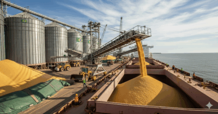 Navio graneleiro sendo carregado com soja no porto para exportação, simbolizando o agronegócio brasileiro.