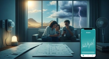 Mão segurando conta de luz ao lado de smartphone com app da Energisa aberto
