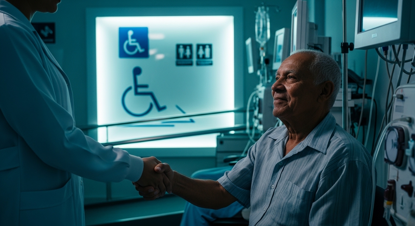 Paciente em hemodiálise com símbolo de acessibilidade representando inclusão em MS