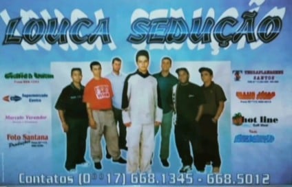 Primeiro cartaz de divulgação do Grupo Virômania, ainda com o nome de Grupo Louca Sedução: Bugalú, Cleiner, Júnior 21, Leonardo, Geraldo Mello, Roberto (músico freelancer) e Rogério - Foto/Arquivo Pessoal