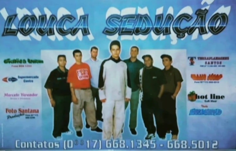 Primeiro cartaz de divulgação do Grupo Virômania, ainda com o nome de Grupo Louca Sedução: Bugalú, Cleiner, Júnior 21, Leonardo, Geraldo Mello, Roberto (músico freelancer) e Rogério - Foto/Arquivo Pessoal