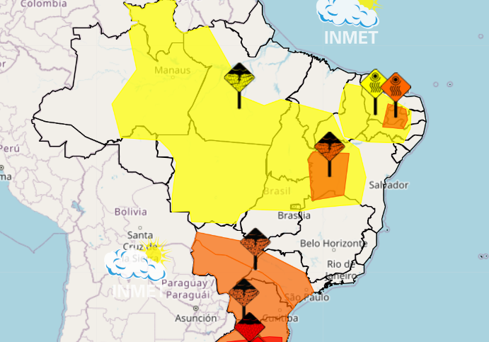 De acordo com o aviso, que iniciou na manhã desta sexta-feira (7) e segue até sábado (8) às 18h, há previsão de chuva entre 30 e 60 milímetros por hora, podendo chegar a até 100 milímetros por dia. (Reprodução) De acordo com o aviso, que iniciou na manhã desta sexta-feira (7) e segue até sábado (8) às 18h, há previsão de chuva entre 30 e 60 milímetros por hora, podendo chegar a até 100 milímetros por dia. (Reprodução)