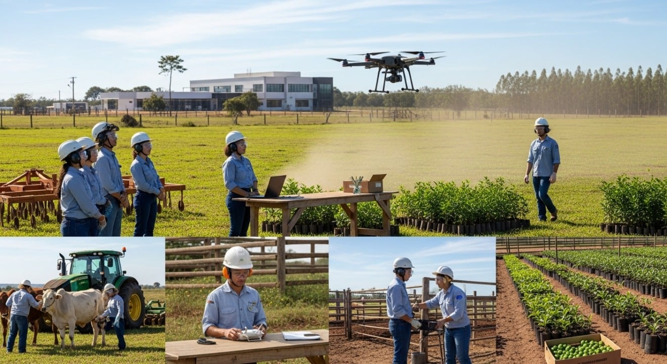 Estudantes em aula prática de zootecnia no campo Estudantes em aula prática de zootecnia no campo