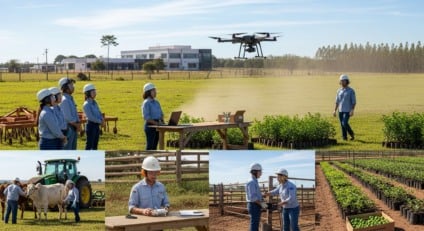 Estudantes em aula prática de zootecnia no campo