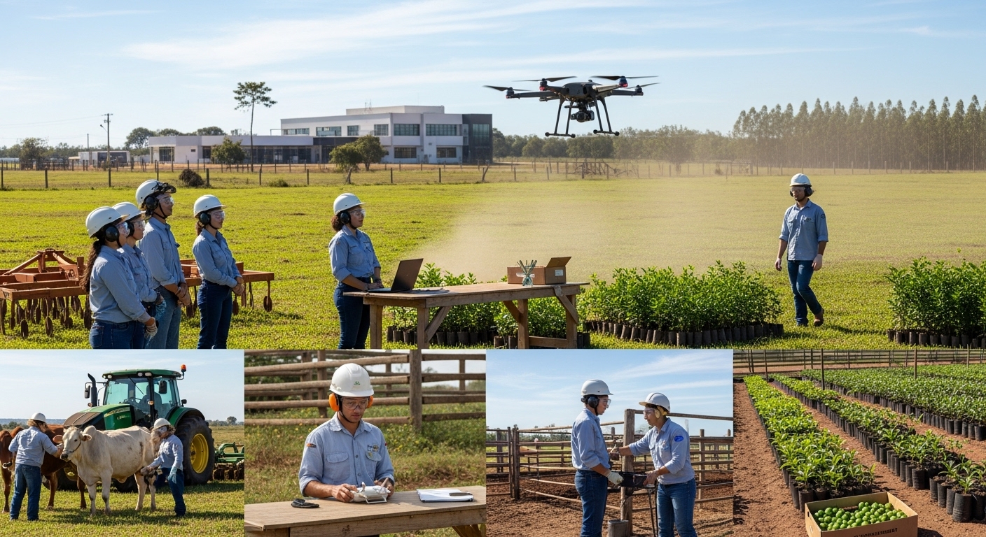 Estudantes em aula prática de zootecnia no campo