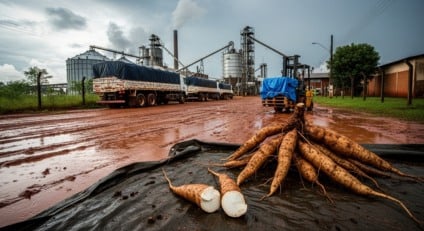 Colheita de raízes de mandioca em lavoura mecanizada