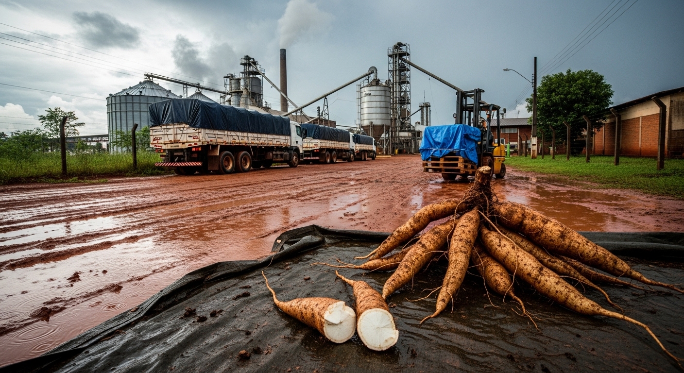 Colheita de raízes de mandioca em lavoura mecanizada