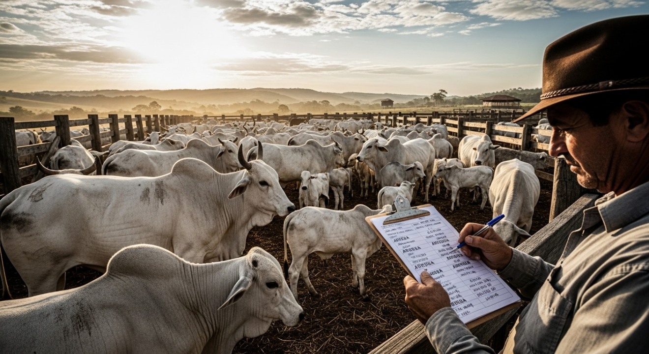 Pecuarista observando lotes de boiada prontos para venda em fazenda de MS