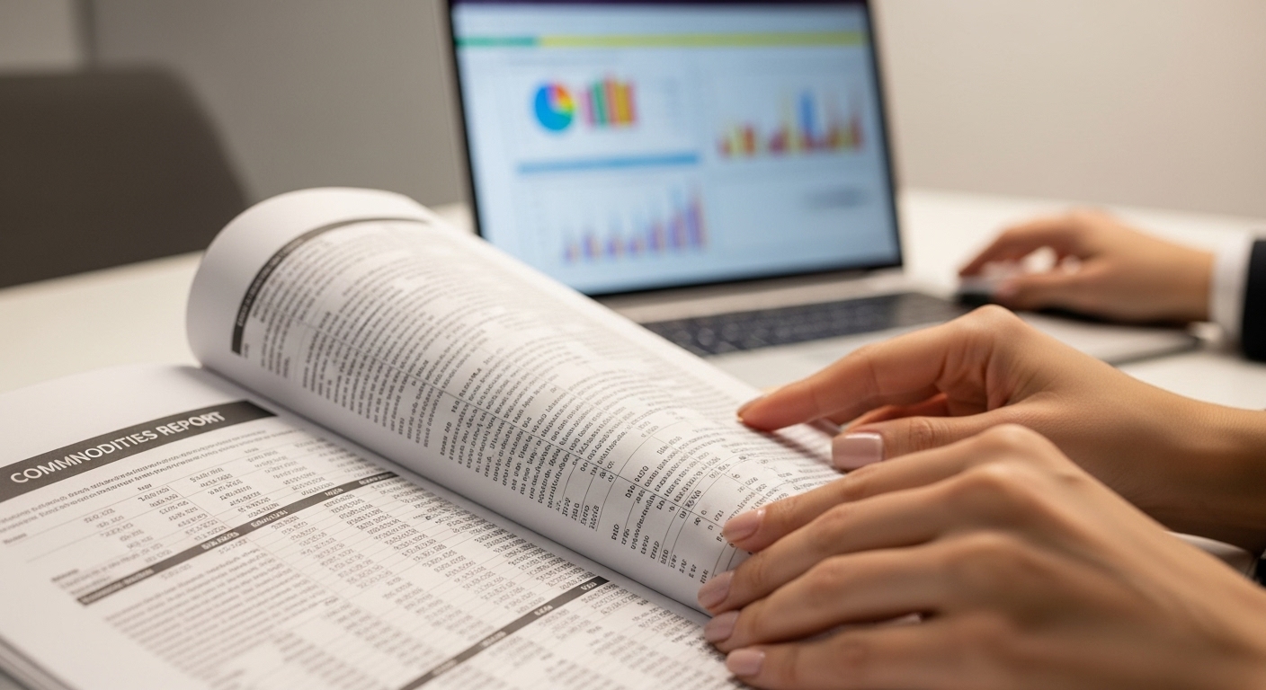 Mesa com relatórios e gráficos de commodities, laptop aberto, caneta em destaque