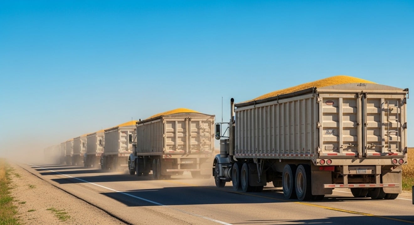 Caminhões graneleiros em rodovia do MS carregados com soja Caminhões graneleiros em rodovia do MS carregados com soja