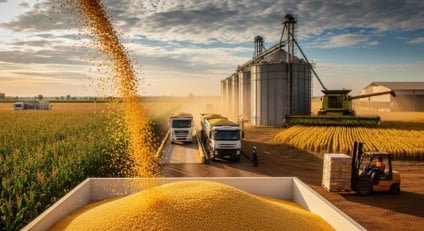 Sacas de milho empilhadas em armazém agrícola