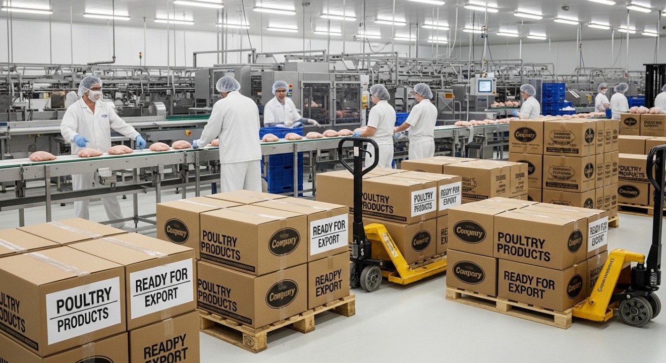 Linha de produção avícola com caixas paletizadas prontas para exportação