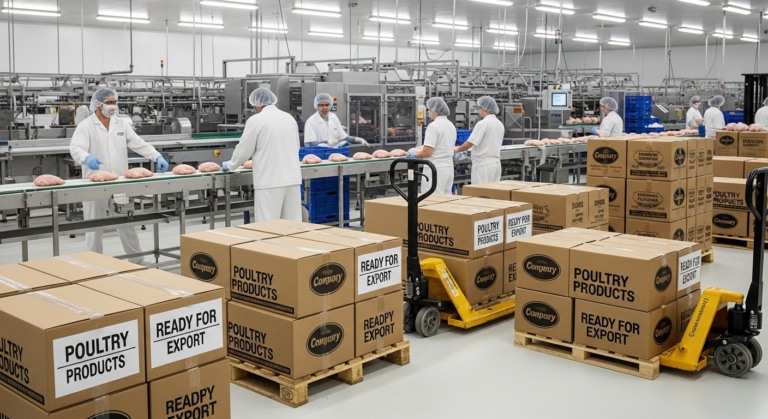 Linha de produção avícola com caixas paletizadas prontas para exportação