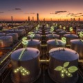 Terminal de tanques e dutos ao pôr do sol, referência a combustíveis e óleos vegetais.