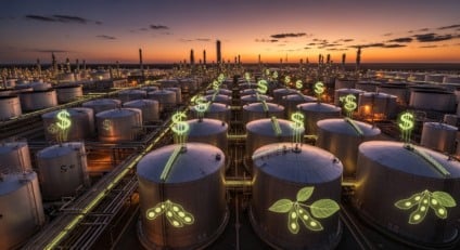 Terminal de tanques e dutos ao pôr do sol, referência a combustíveis e óleos vegetais.