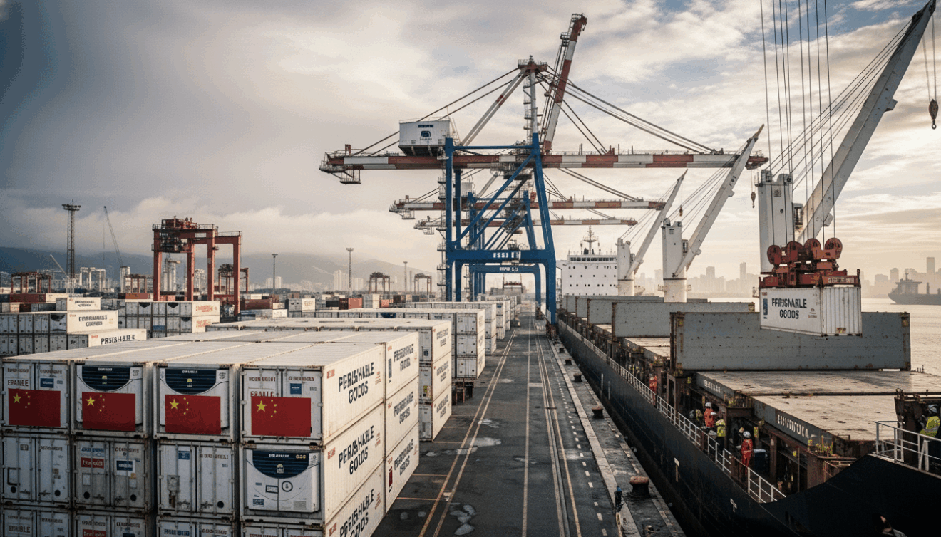 Carregamento de contêineres refrigerados com carne bovina para exportação no porto.