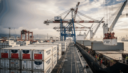 Carregamento de contêineres refrigerados com carne bovina para exportação no porto.