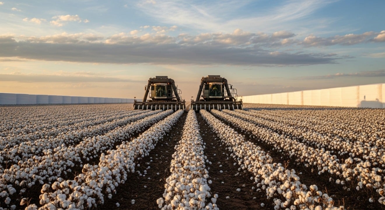 Vista aérea de lavoura de algodão em colheita no Centro-Oeste, com colheitadeiras em operação ao entardecer