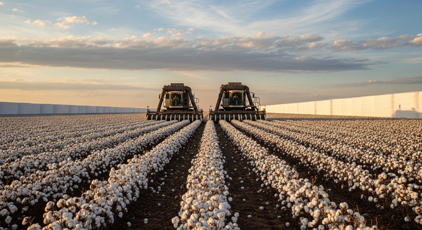 Vista aérea de lavoura de algodão em colheita no Centro-Oeste, com colheitadeiras em operação ao entardecer