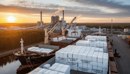 Navio graneleiro sendo carregado com celulose em terminal de exportação