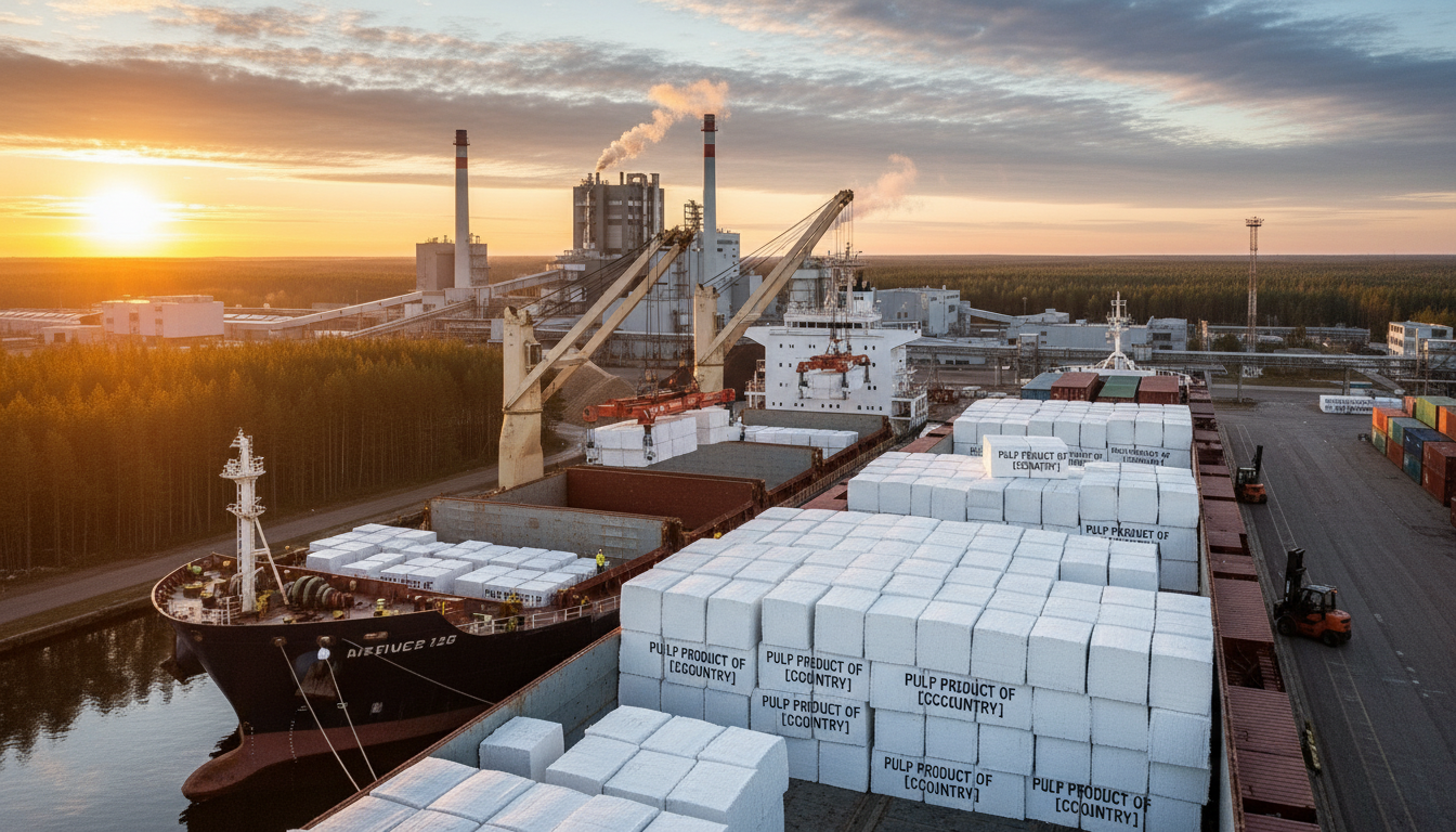 Navio graneleiro sendo carregado com celulose em terminal de exportação