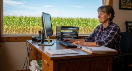 Produtor rural sentado à mesa com projetos e planilhas, ao lado de gerente de banco, ambos analisando financiamento agrícola em agência do interior.