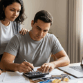 casal analisa boletos e faturas com calculadora e notebook sobre a mesa, representando renegociação e parcelamento de dívidas em Mato Grosso do Sul.