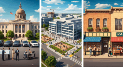 Vista ampla de uma avenida de Campo Grande com prédios públicos e sedes de grandes empresas, pessoas circulando na rua, simbolizando o mercado de trabalho e a concentração de salários no estado.