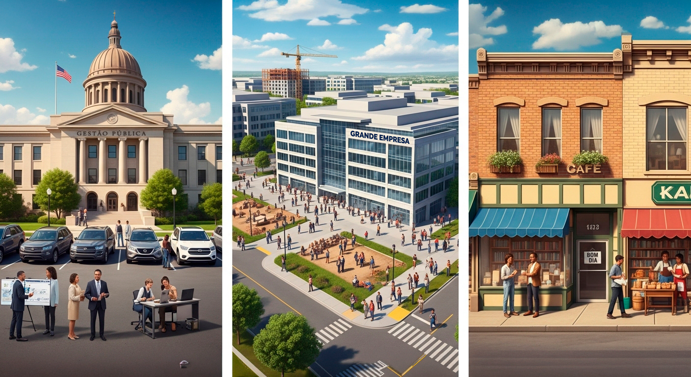 Vista ampla de uma avenida de Campo Grande com prédios públicos e sedes de grandes empresas, pessoas circulando na rua, simbolizando o mercado de trabalho e a concentração de salários no estado.