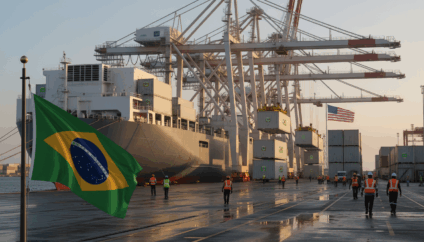 Navio frigorífico carregando contêineres de carne bovina brasileira rumo aos Estados Unidos, com bandeiras dos dois países ao fundo.