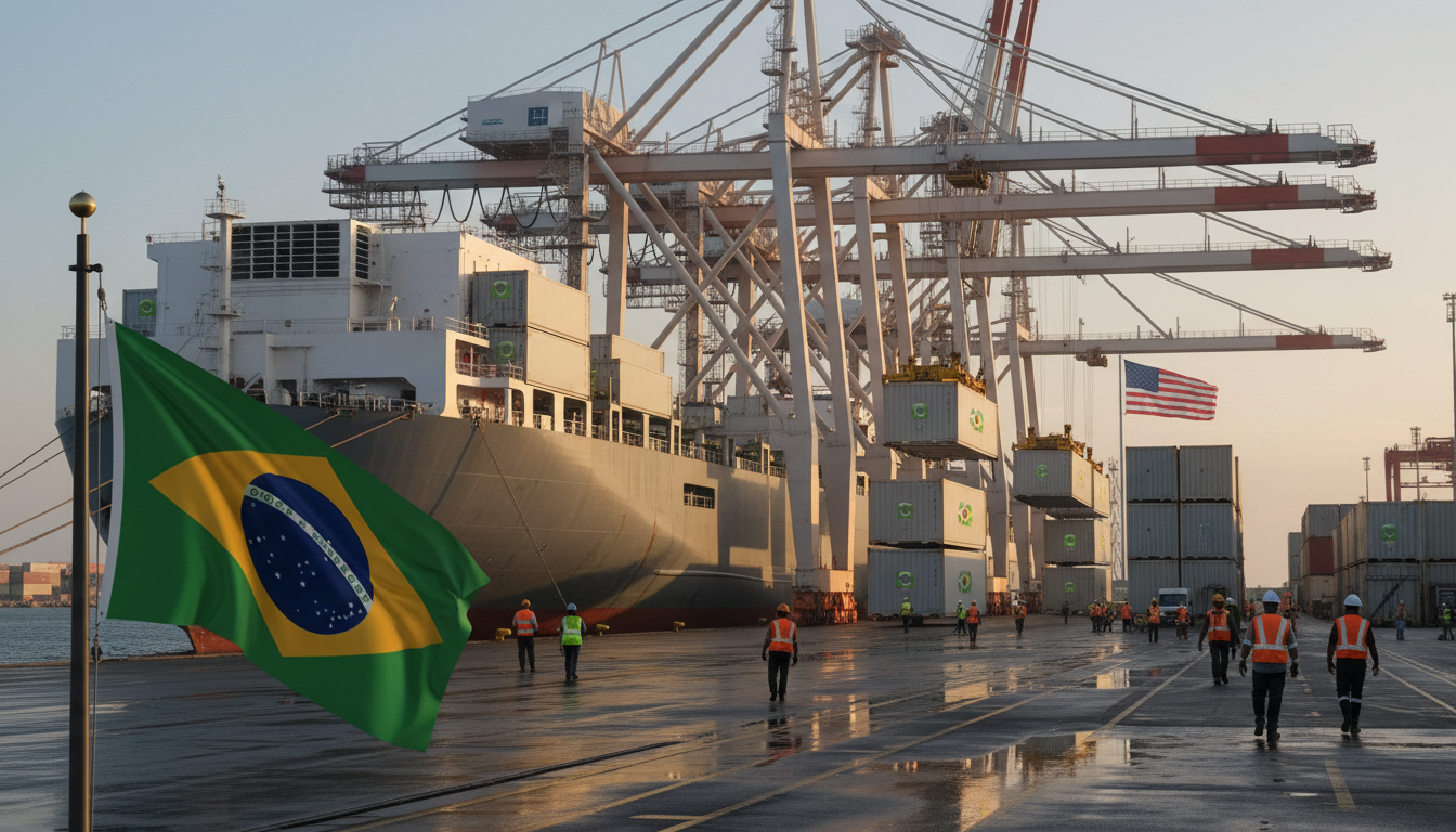 Navio frigorífico carregando contêineres de carne bovina brasileira rumo aos Estados Unidos, com bandeiras dos dois países ao fundo.