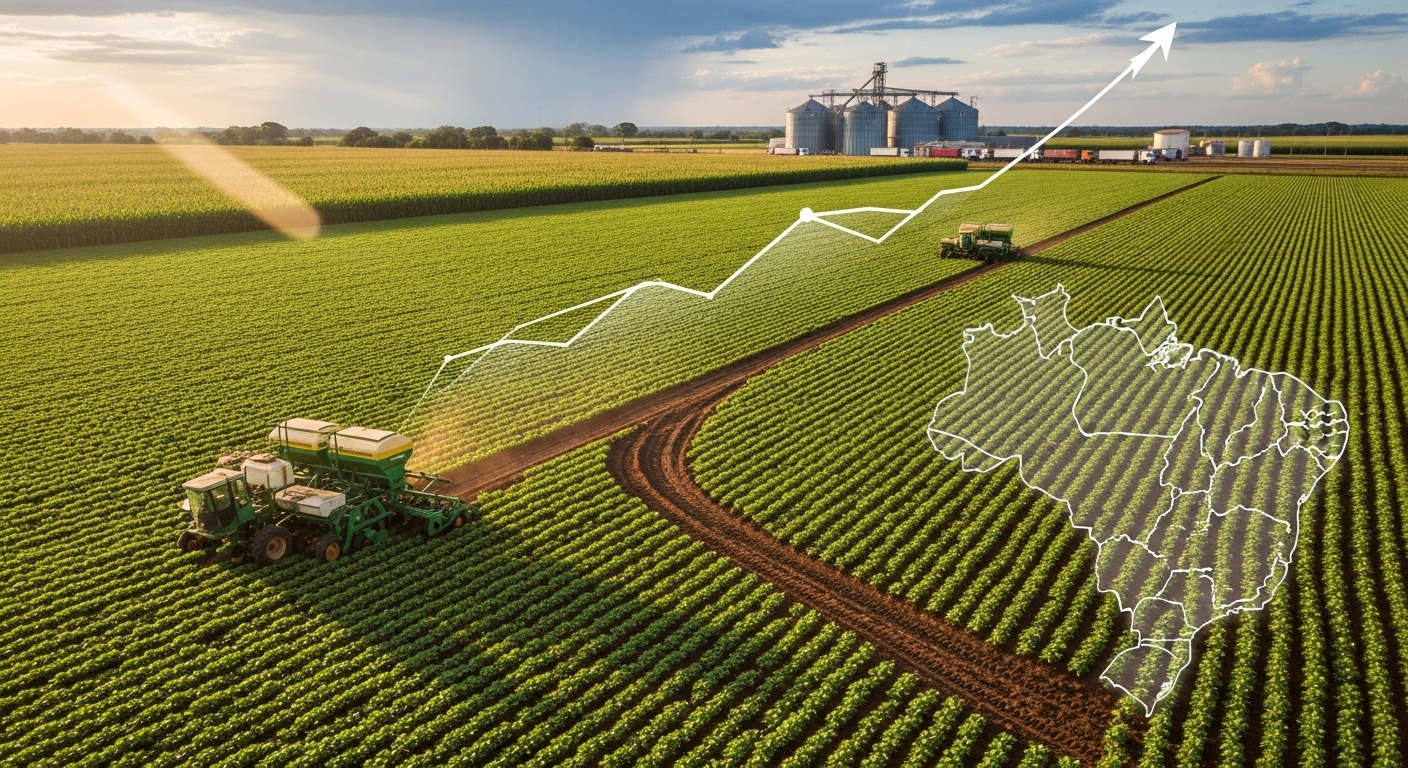 Plantio de soja com nuvens carregadas no horizonte